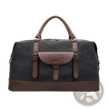 Dark gray canvas duffel bag with brown leather handles straps and trim large travel handbag for durable use