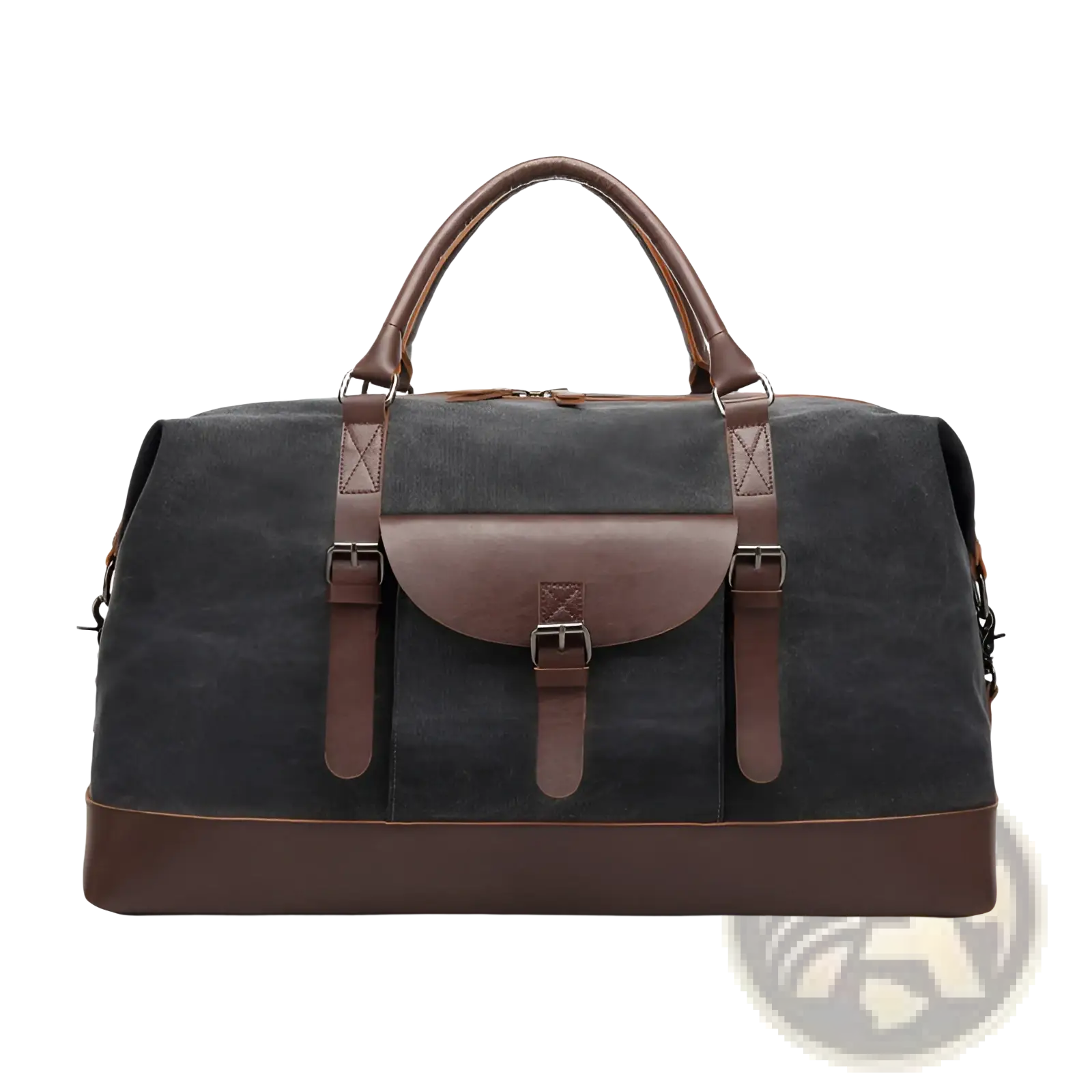 Dark gray canvas duffel bag with brown leather handles straps and trim large travel handbag for durable use