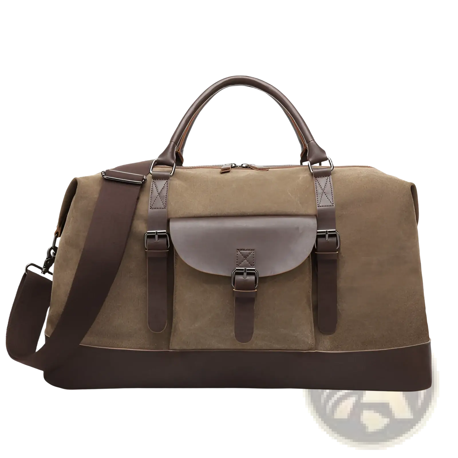 Brown canvas duffel bag large travel handbag with leather trim featuring leather handles and straps