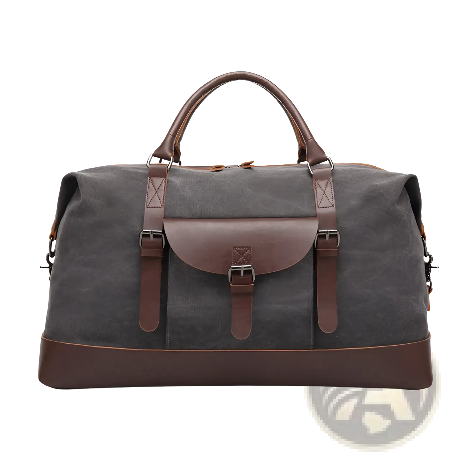 Dark gray canvas duffel bag with brown leather accents and handles for large travel handbag use
