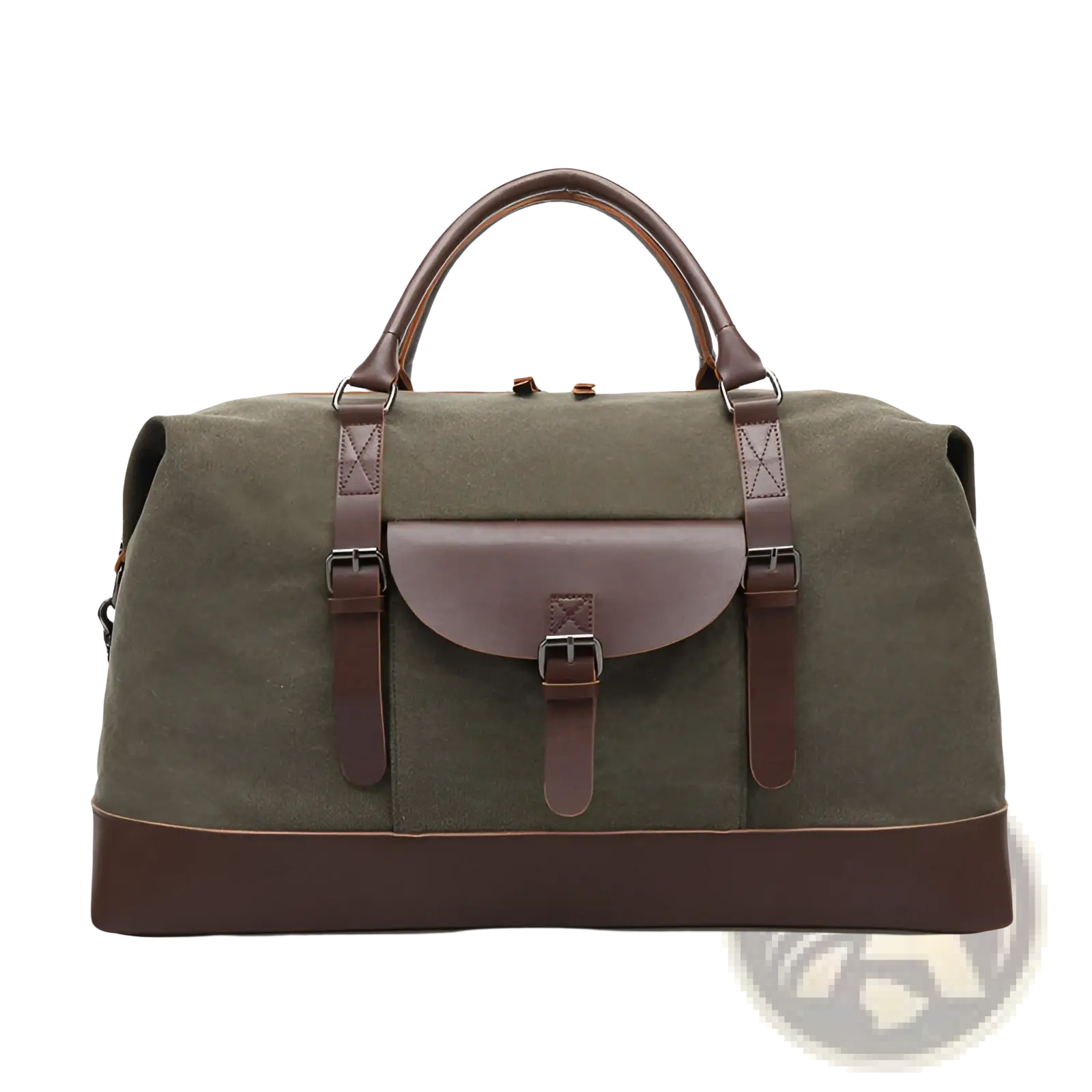 Olive green canvas duffel bag with brown leather handles straps and trim large travel handbag
