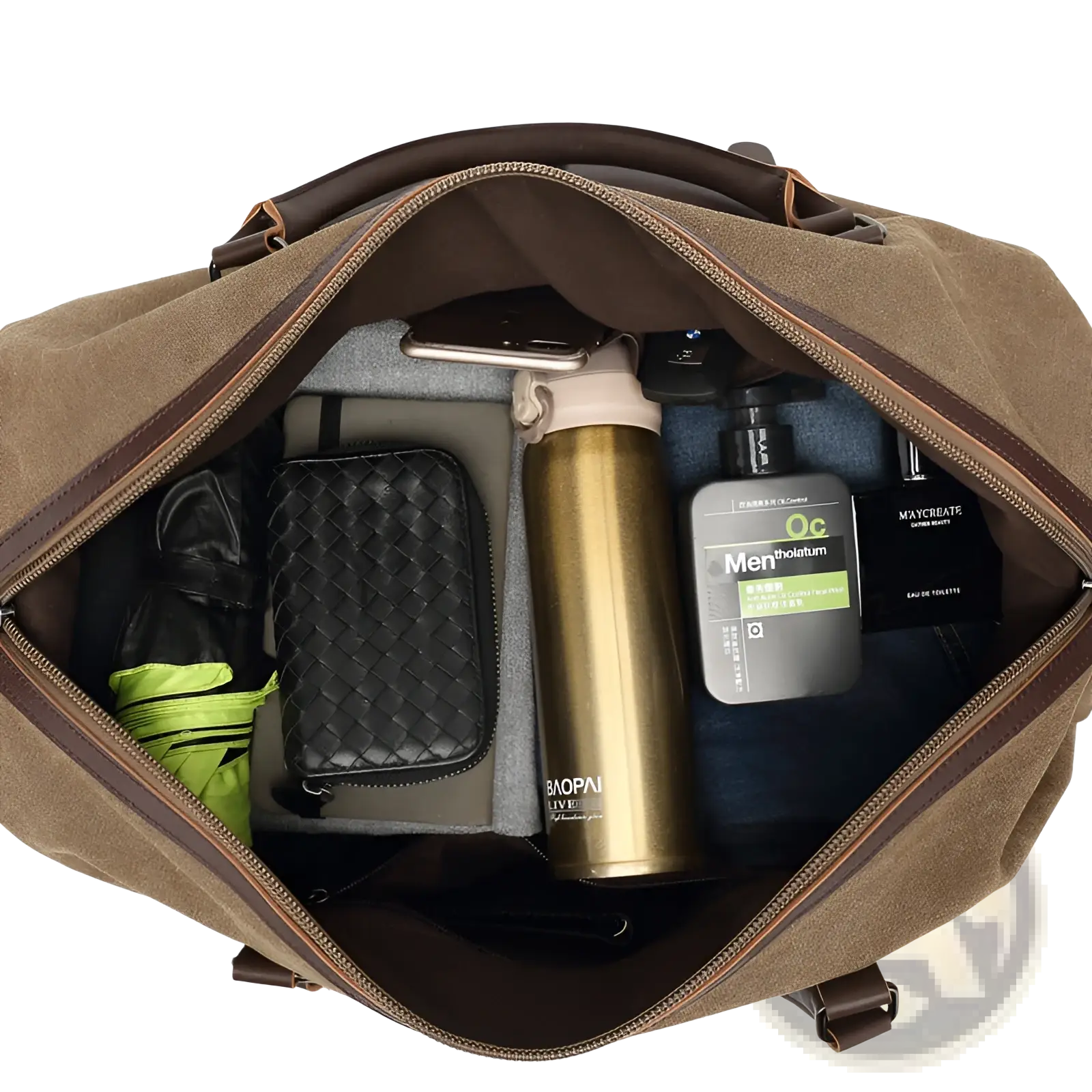 Brown canvas duffel bag with leather trim and handles designed as a large travel handbag for versatile use