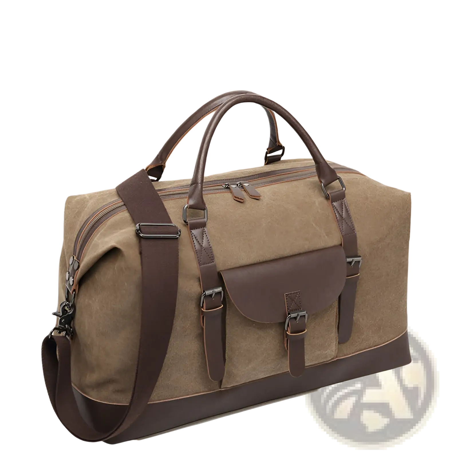 Tan canvas duffel bag with brown leather handles straps and accents large travel handbag with leather trim