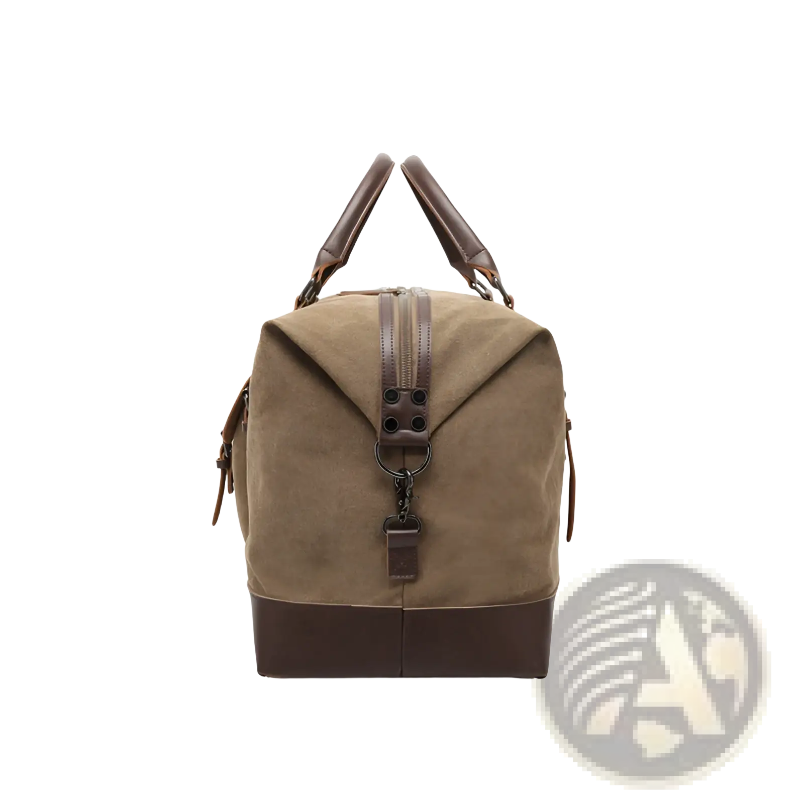 Tan canvas duffel bag with brown leather handles and base large travel handbag with leather trim