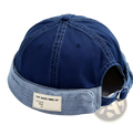 Canvas fedora hat for men with adjustable denim strap featuring dark blue denim cap, lighter blue rolled brim, and white stitching