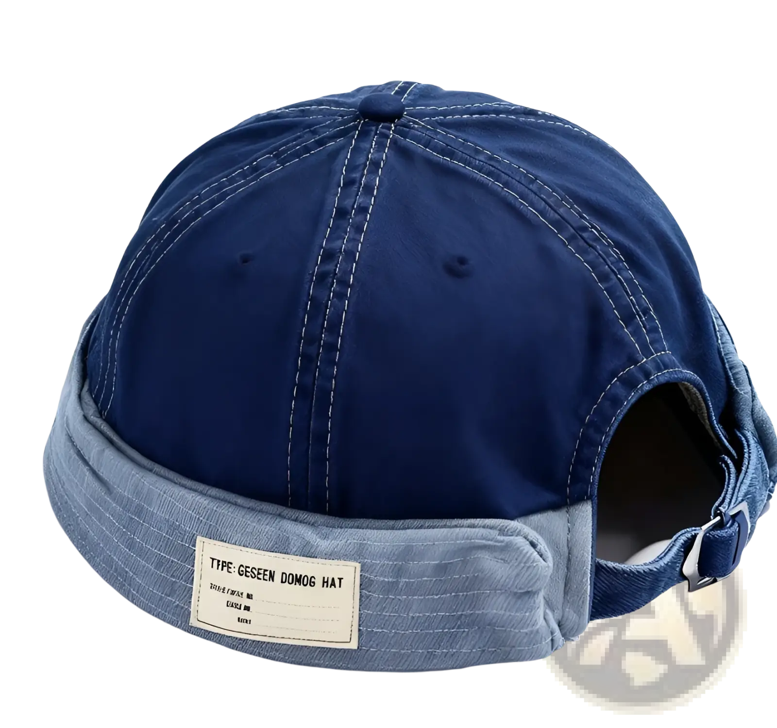 Canvas fedora hat for men with adjustable denim strap featuring dark blue denim cap, lighter blue rolled brim, and white stitching