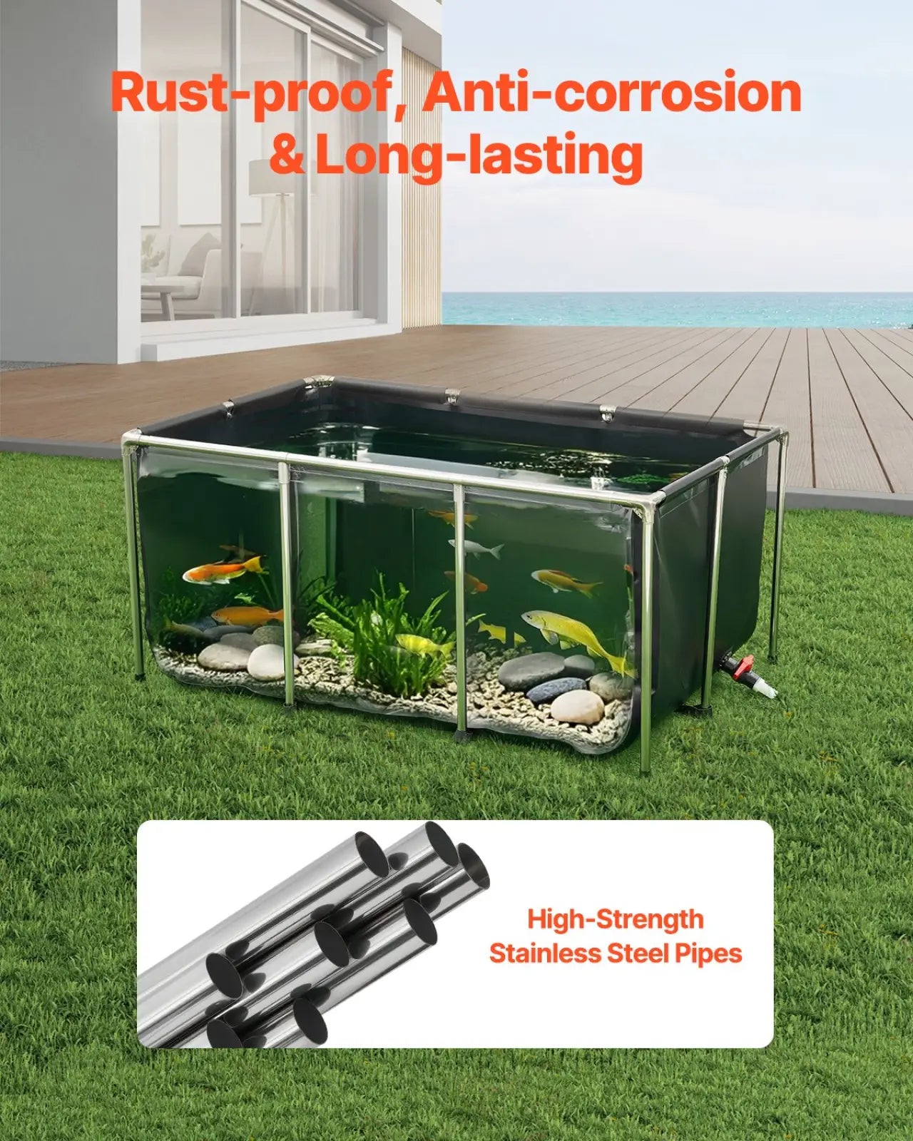 Rectangular outdoor canvas fish pond with black frame and transparent sides filled with water, plants, rocks, and goldfish