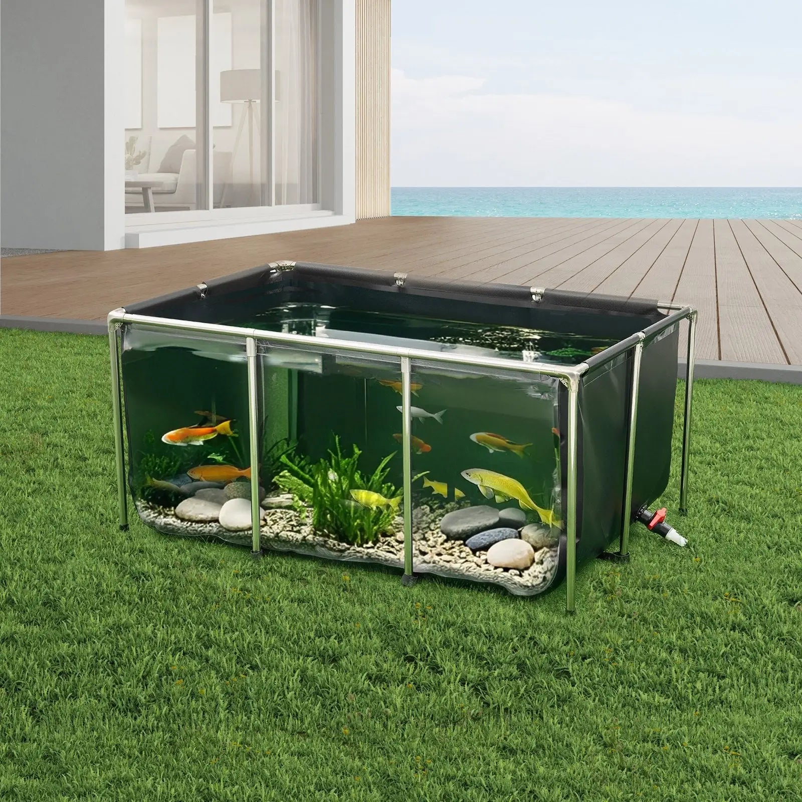 Rectangular outdoor Canvas fish pond 270 gal koi tank with clear sides, black top, metal frame, rocks, plants, and goldfish