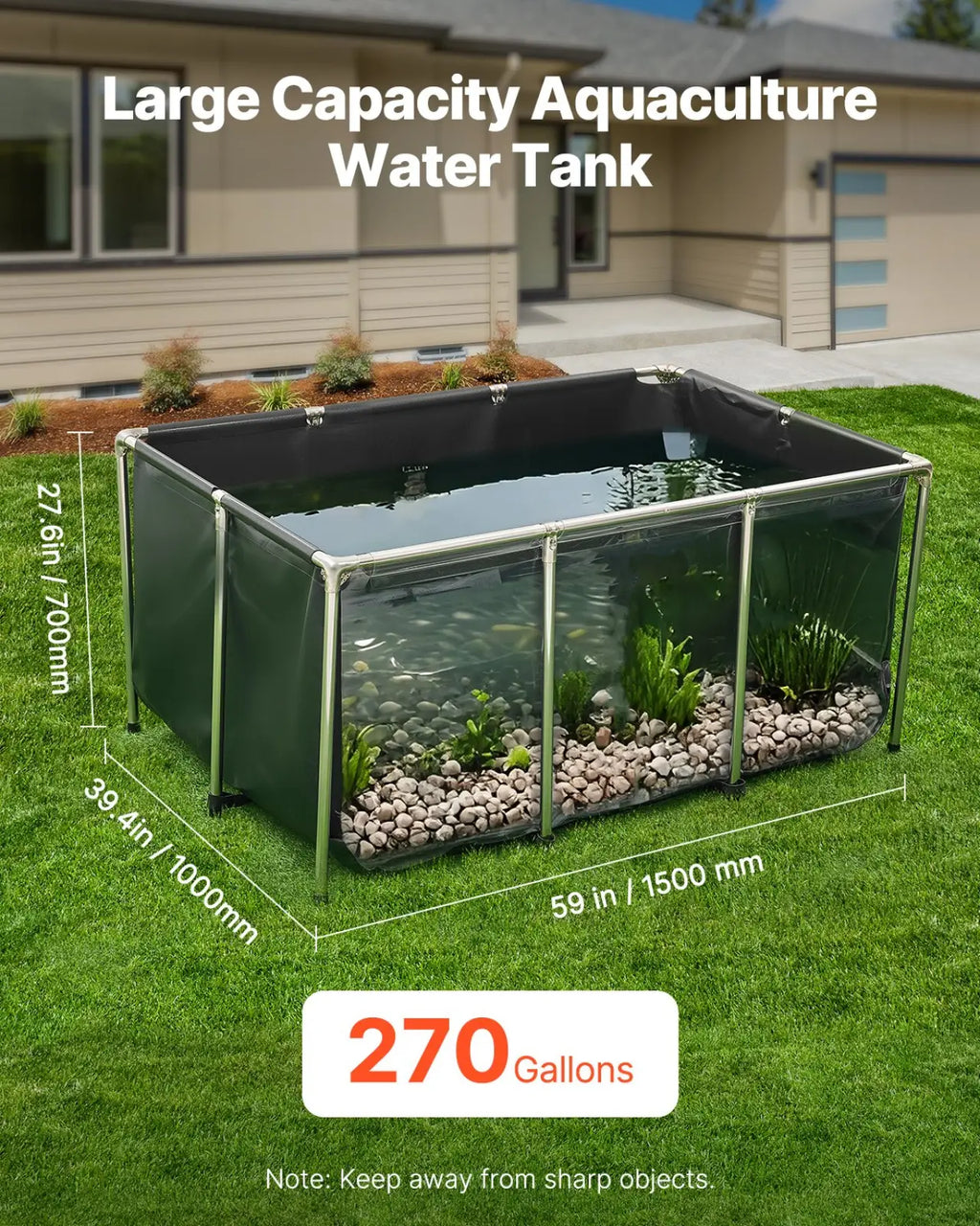 Canvas fish pond 270 gal koi tank with viewing window featuring large capacity black fabric body and silver metal frame for outdoor use