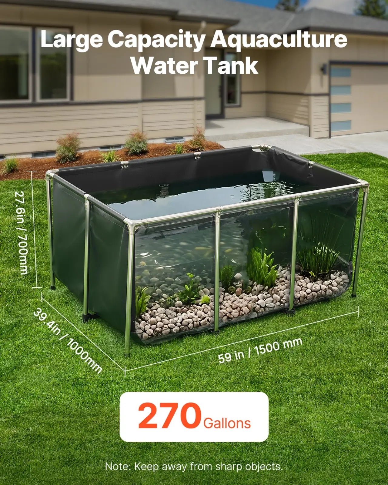 Canvas fish pond 270 gal koi tank with viewing window featuring large capacity black fabric body and silver metal frame for outdoor use