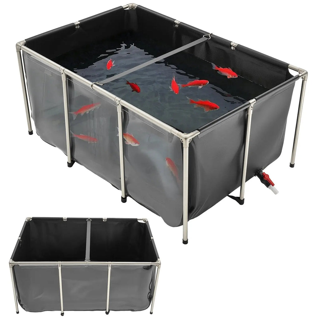 Black inflatable rectangular canvas fish pond with silver metal frame and red drain valve for koi fish viewing tank