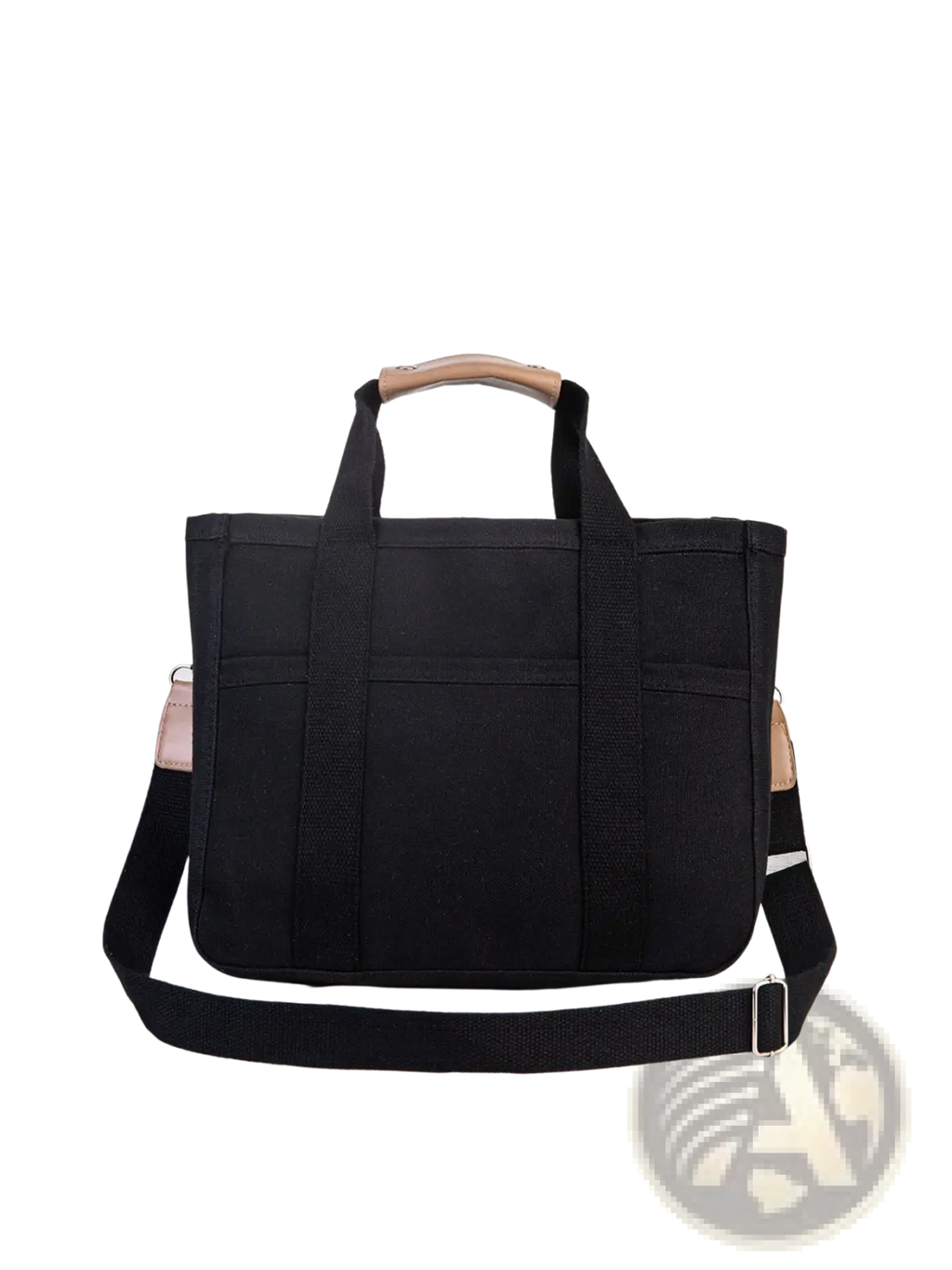 Black canvas messenger bag with tan leather handles and shoulder strap accents for mother and baby travel tote