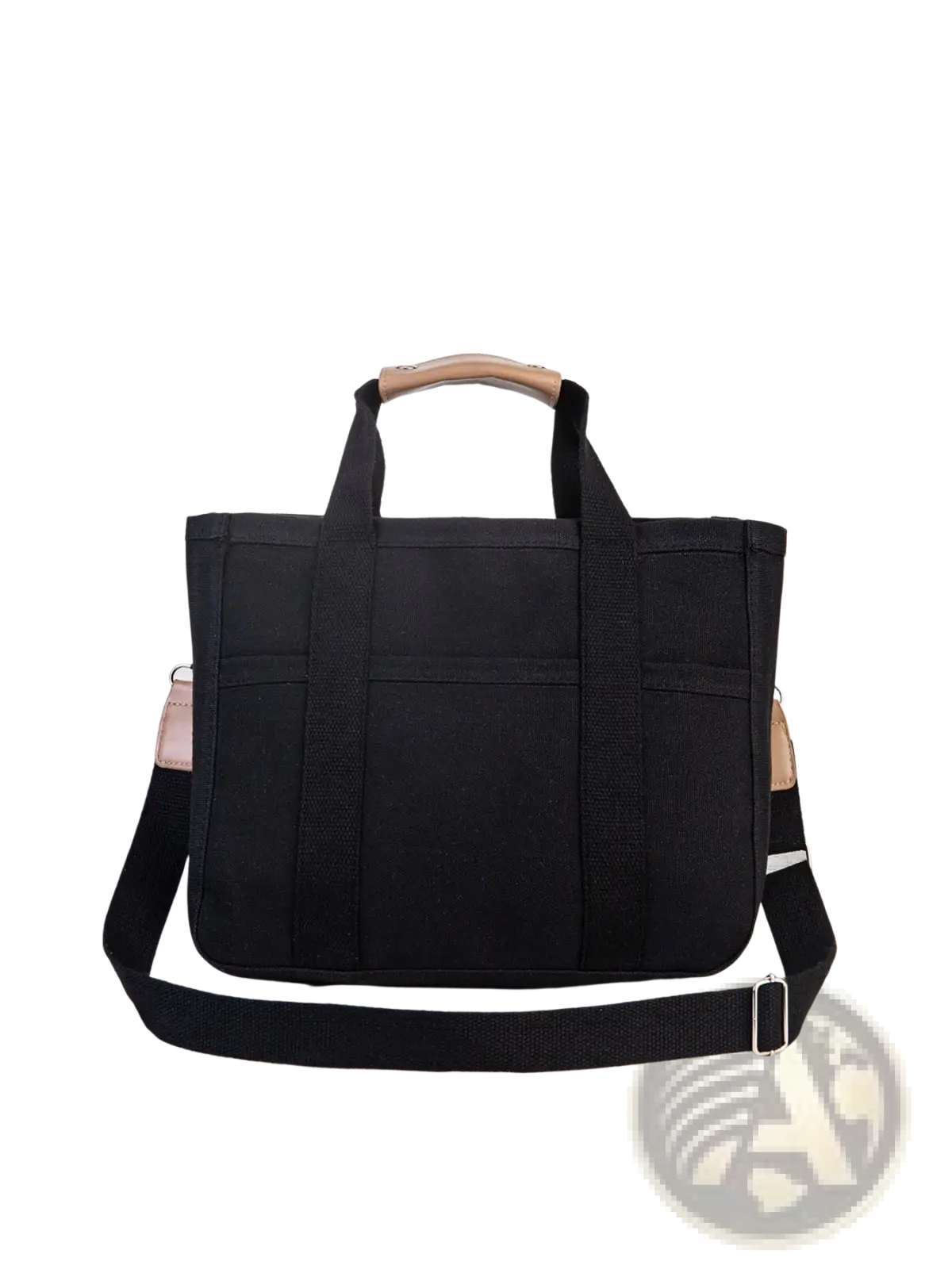 Black canvas messenger bag with tan leather handles and shoulder strap accents for mother and baby travel tote