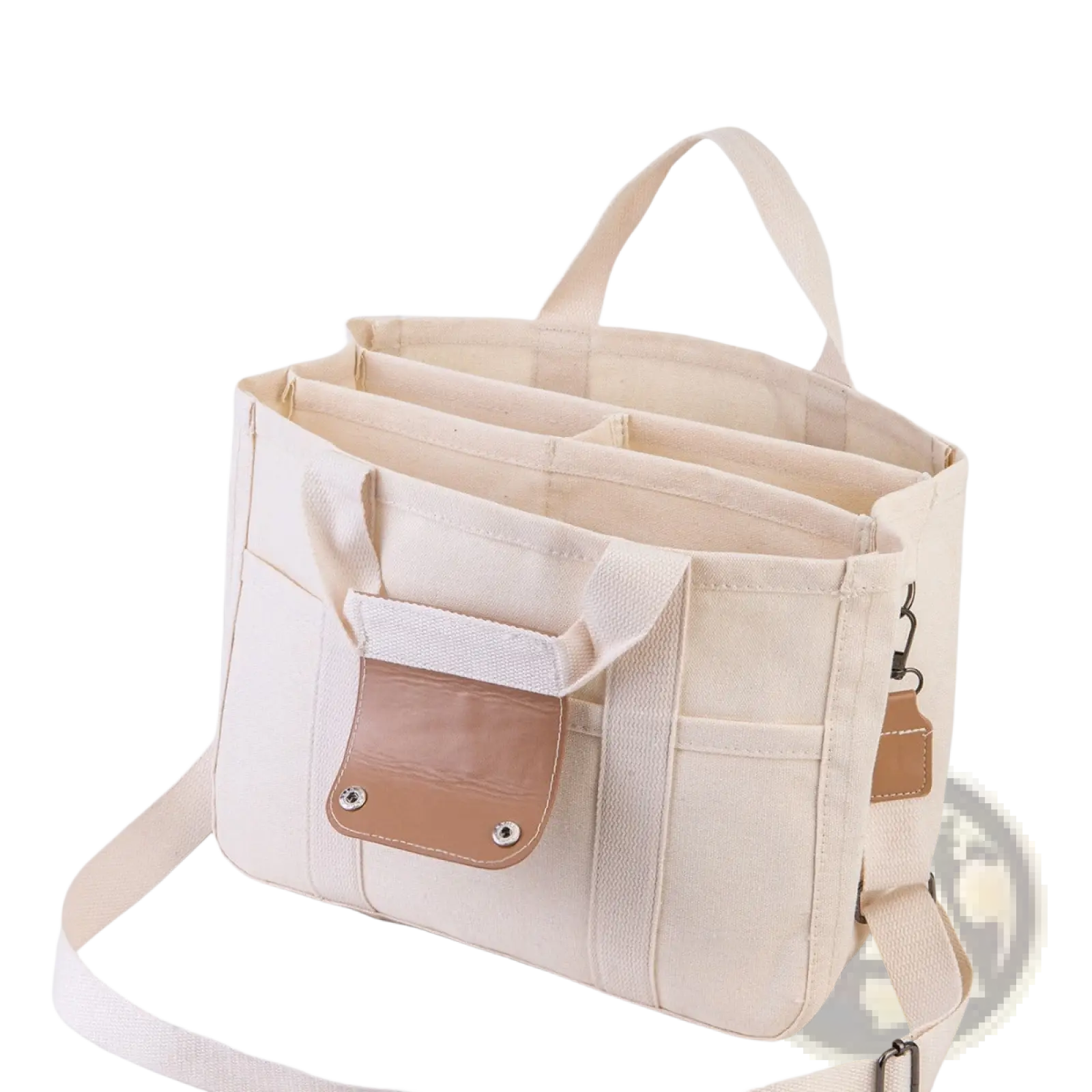 Beige canvas messenger bag with tan leather accents and multiple compartments for mother and baby travel use