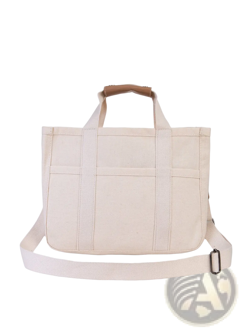 Beige canvas messenger bag with tan leather handles and matching adjustable strap for mother and baby travel tote