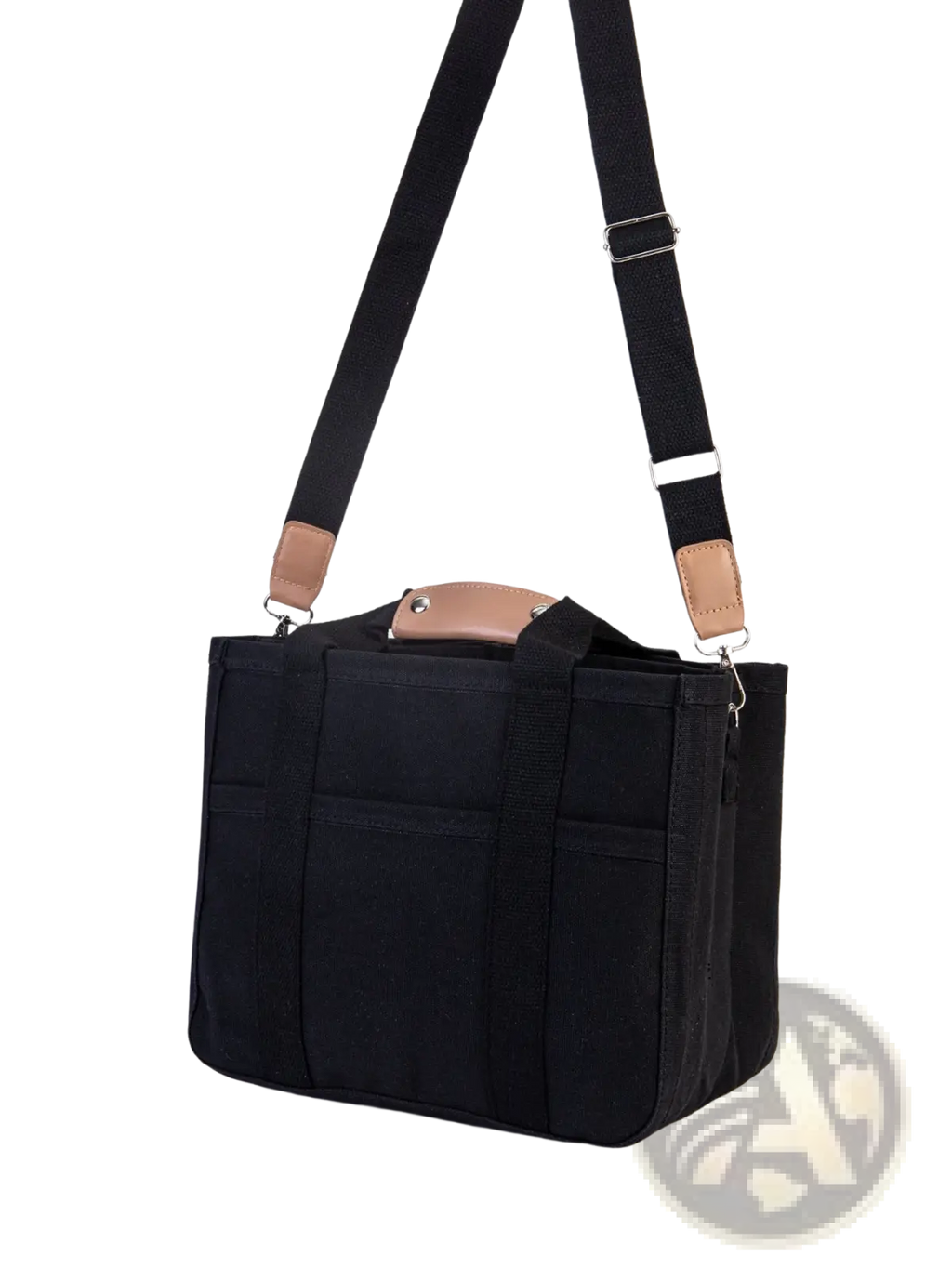 Black canvas messenger bag with tan leather accents and adjustable shoulder strap for mother and baby travel tote