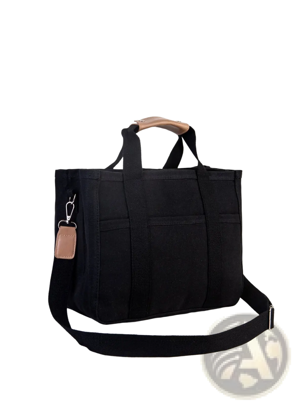Black canvas messenger bag with tan leather handles and shoulder strap designed for mother and baby travel