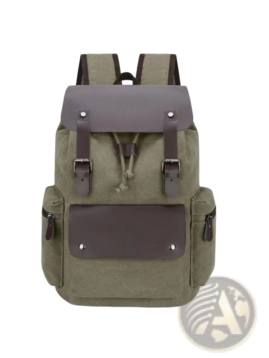 Olive green canvas retro backpack with large capacity dark brown leather accents and silver metal hardware