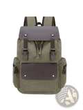 Olive green canvas retro backpack with large capacity dark brown leather accents and silver metal hardware