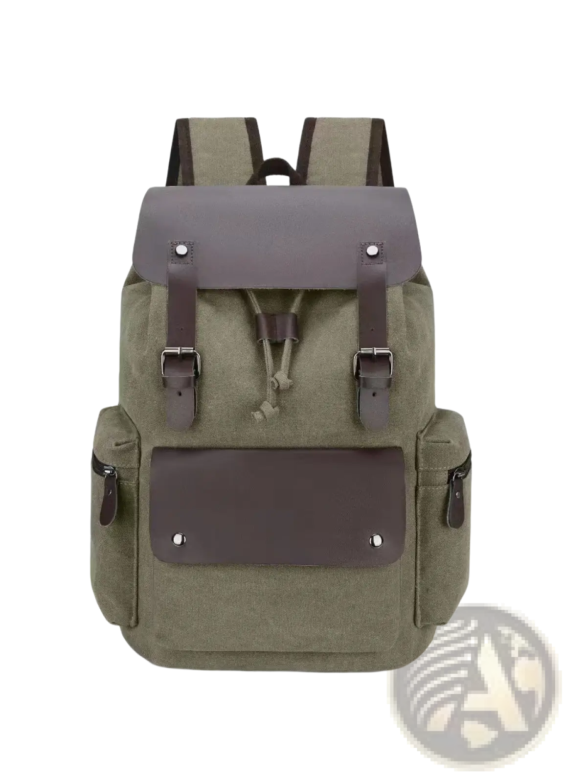 Olive green canvas retro backpack with large capacity dark brown leather accents and silver metal hardware