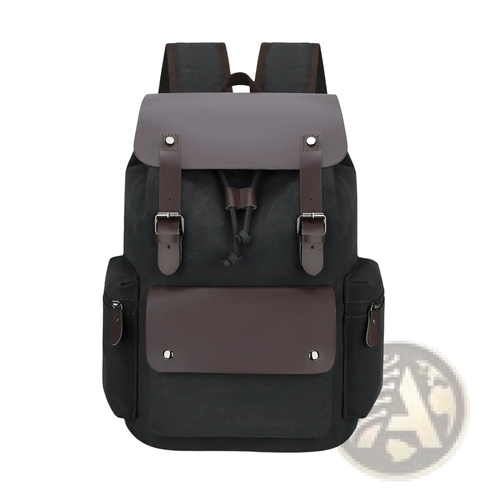 Black canvas retro backpack with brown leather accents and silver hardware featuring large capacity and wear resistance