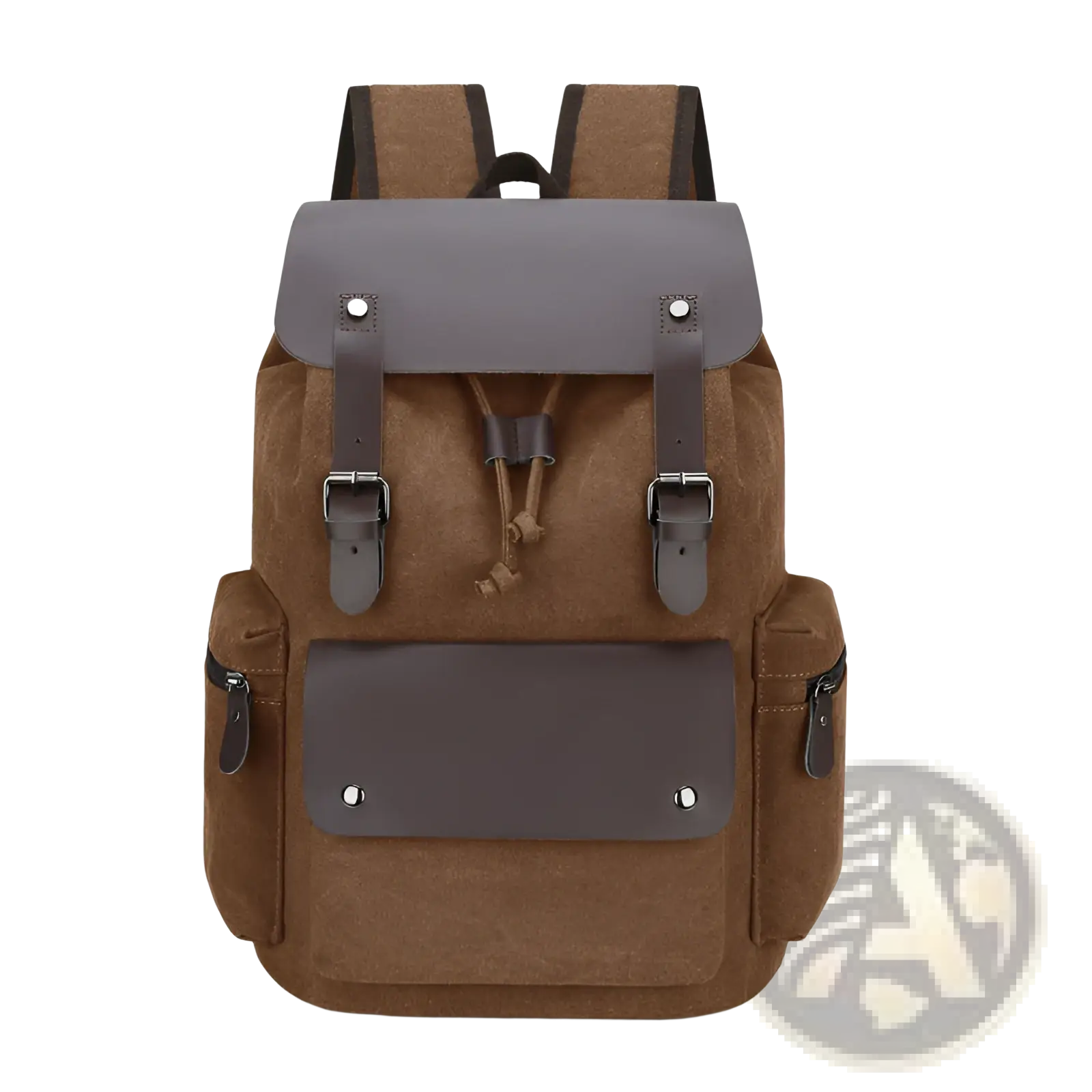 Brown canvas retro backpack with dark gray leather accents and metal buckles large capacity wear resistant design
