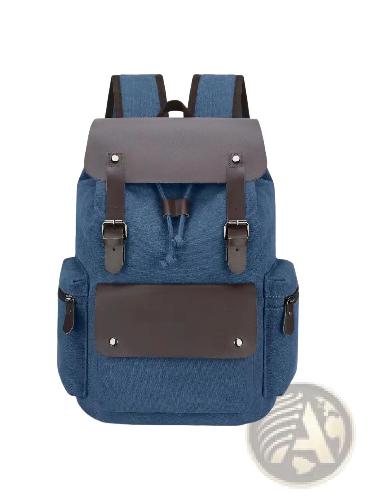 Blue canvas retro backpack with gray and brown leather accents, metal buckles, front flap closure, and large capacity wear resistant design