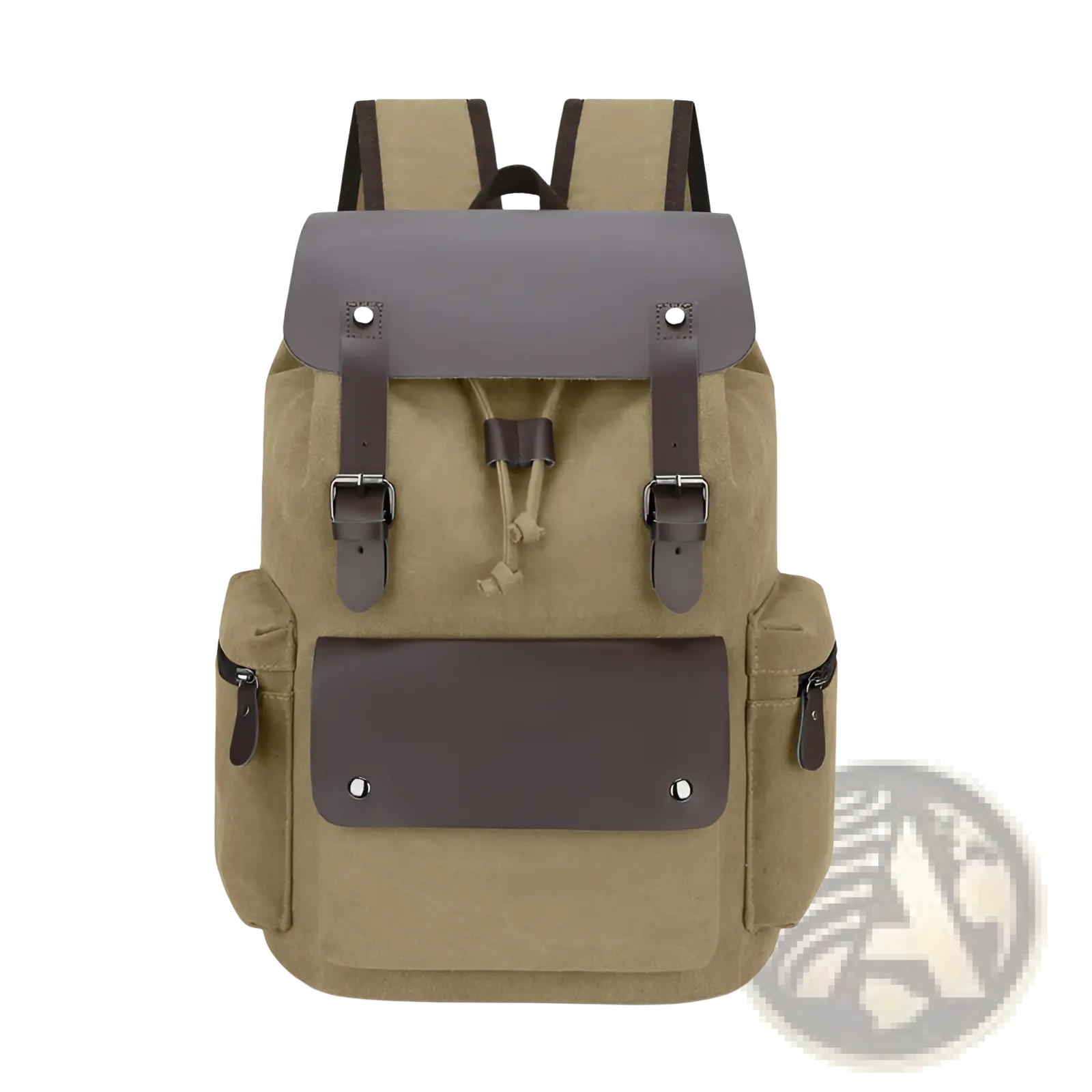 Tan canvas retro backpack with large capacity dark brown leather accents and metal buckles wear resistant design