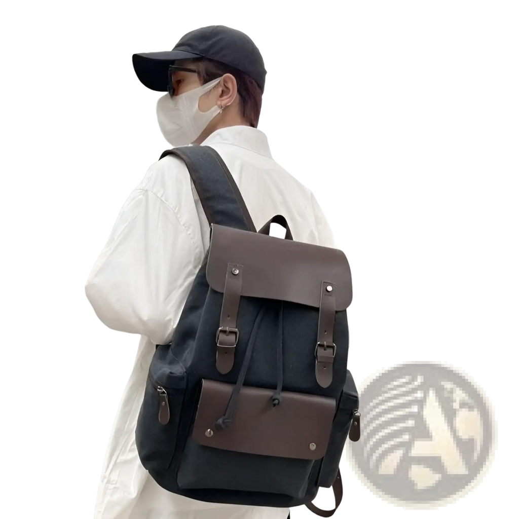 Black canvas retro backpack with brown leather accents and buckled straps large capacity wear resistant design