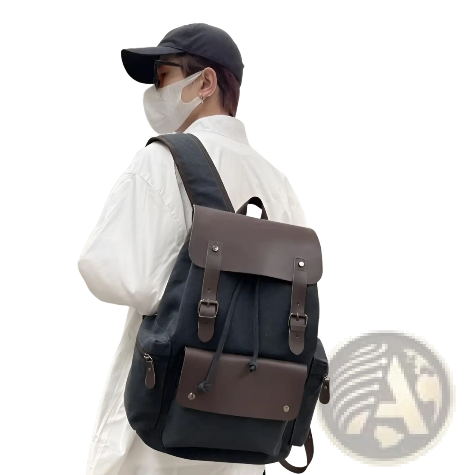 Black canvas retro backpack with brown leather accents and buckled straps large capacity wear resistant design