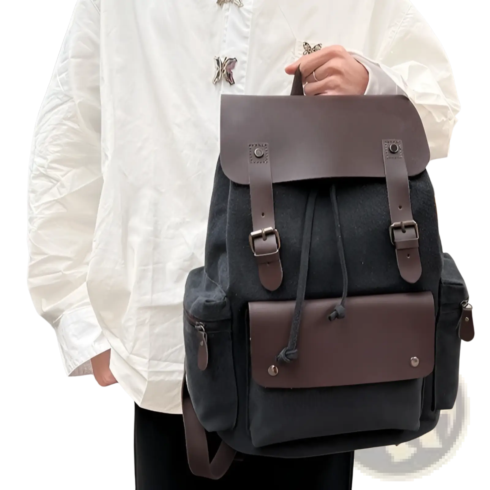 Dark gray canvas retro backpack with brown leather accents and metal buckles large capacity wear resistant design
