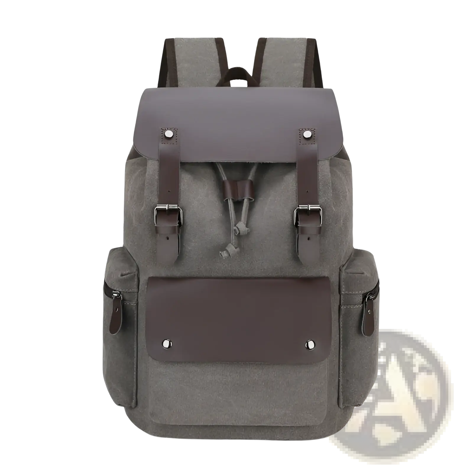 Gray canvas retro backpack with large capacity wear resistant design dark brown leather accents and metal hardware