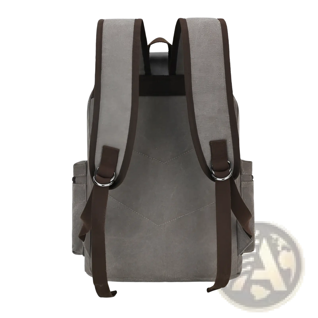 Gray canvas retro backpack with large capacity brown leather straps and metal hardware wear resistant design