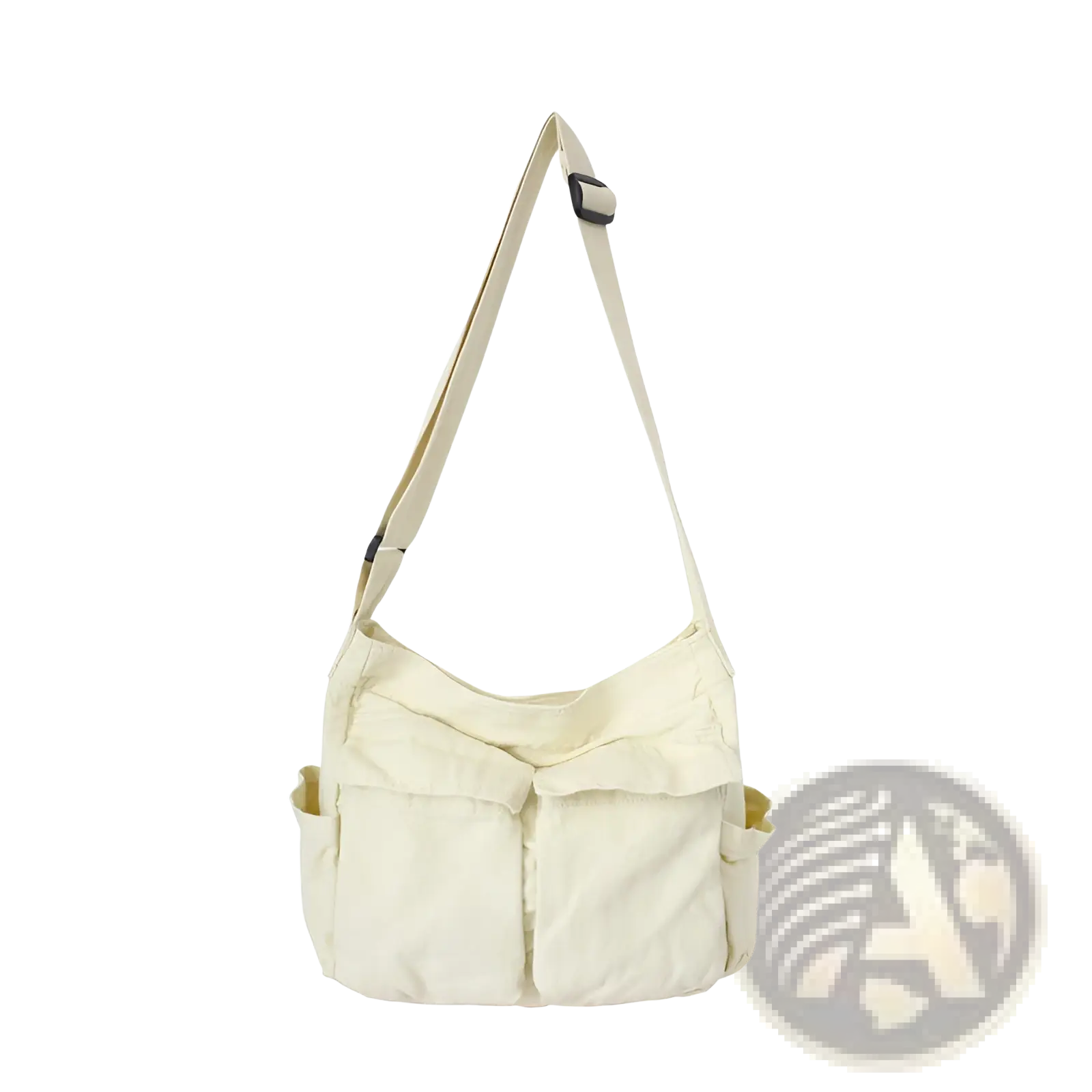 Cream-colored canvas shoulder bag with single adjustable strap and front pockets large multi pocket retro tote