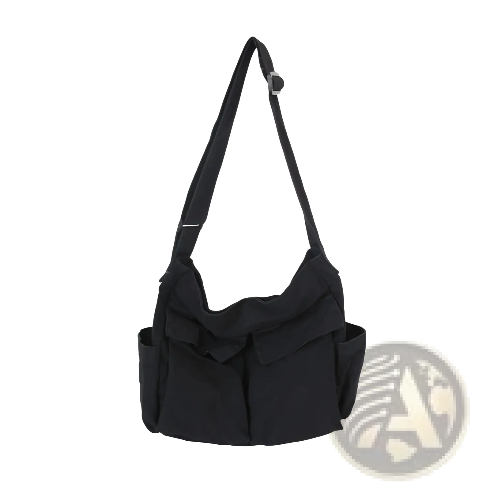 Black canvas shoulder bag large multi pocket retro tote with multiple front pockets and adjustable strap