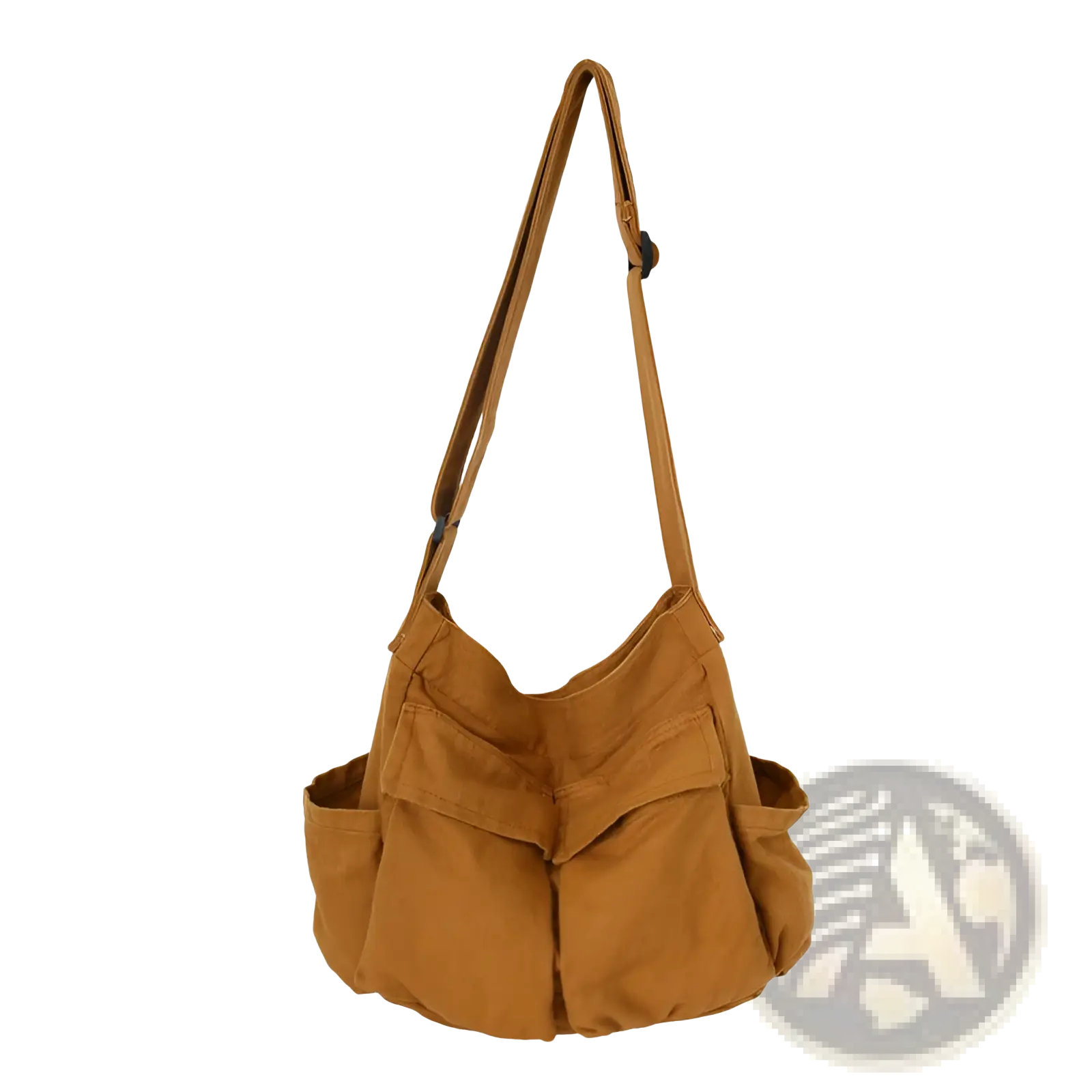 Tan canvas shoulder bag large multi pocket retro tote with multiple front pockets and a long adjustable strap