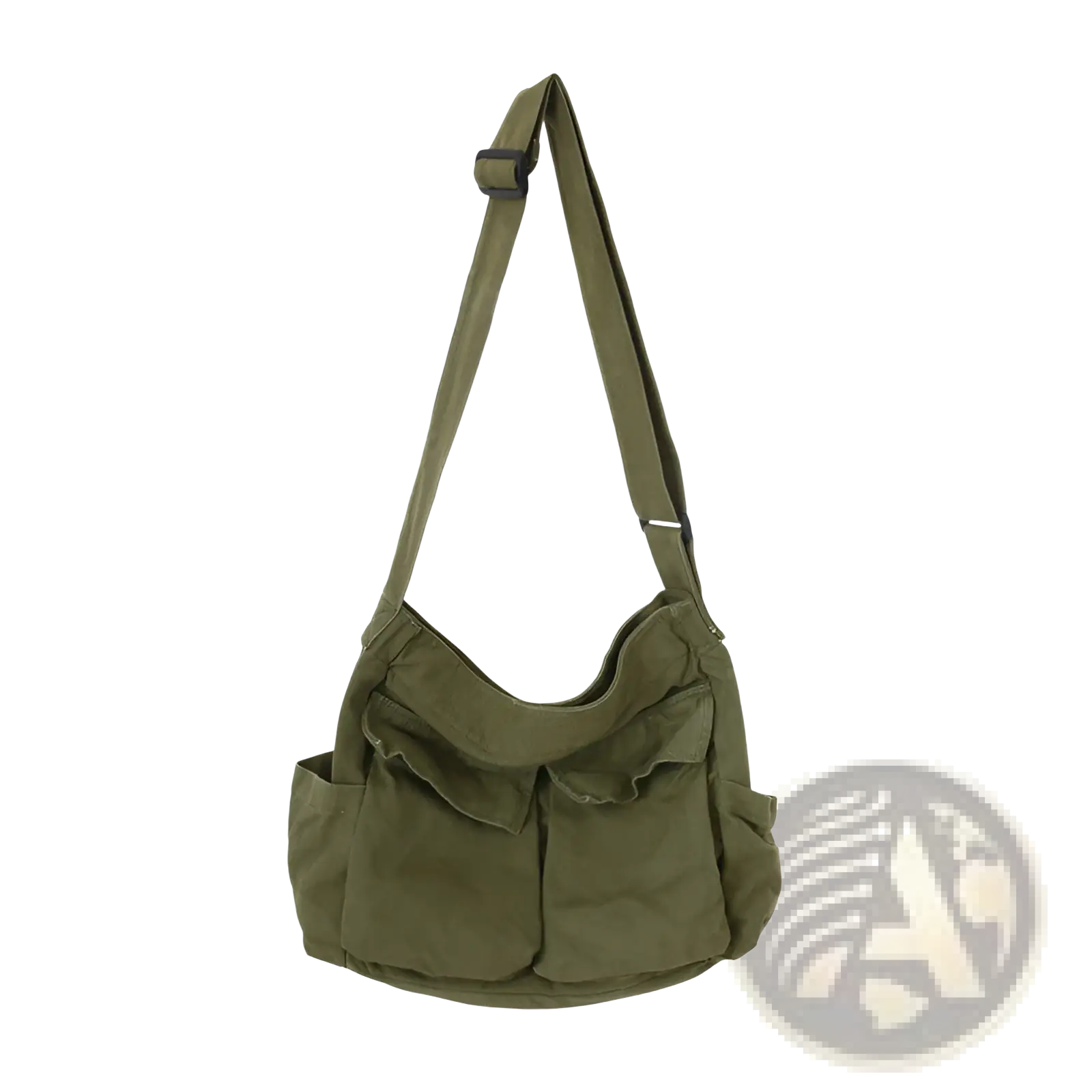 Olive green canvas shoulder bag with multiple front pockets and adjustable strap in a large retro tote design