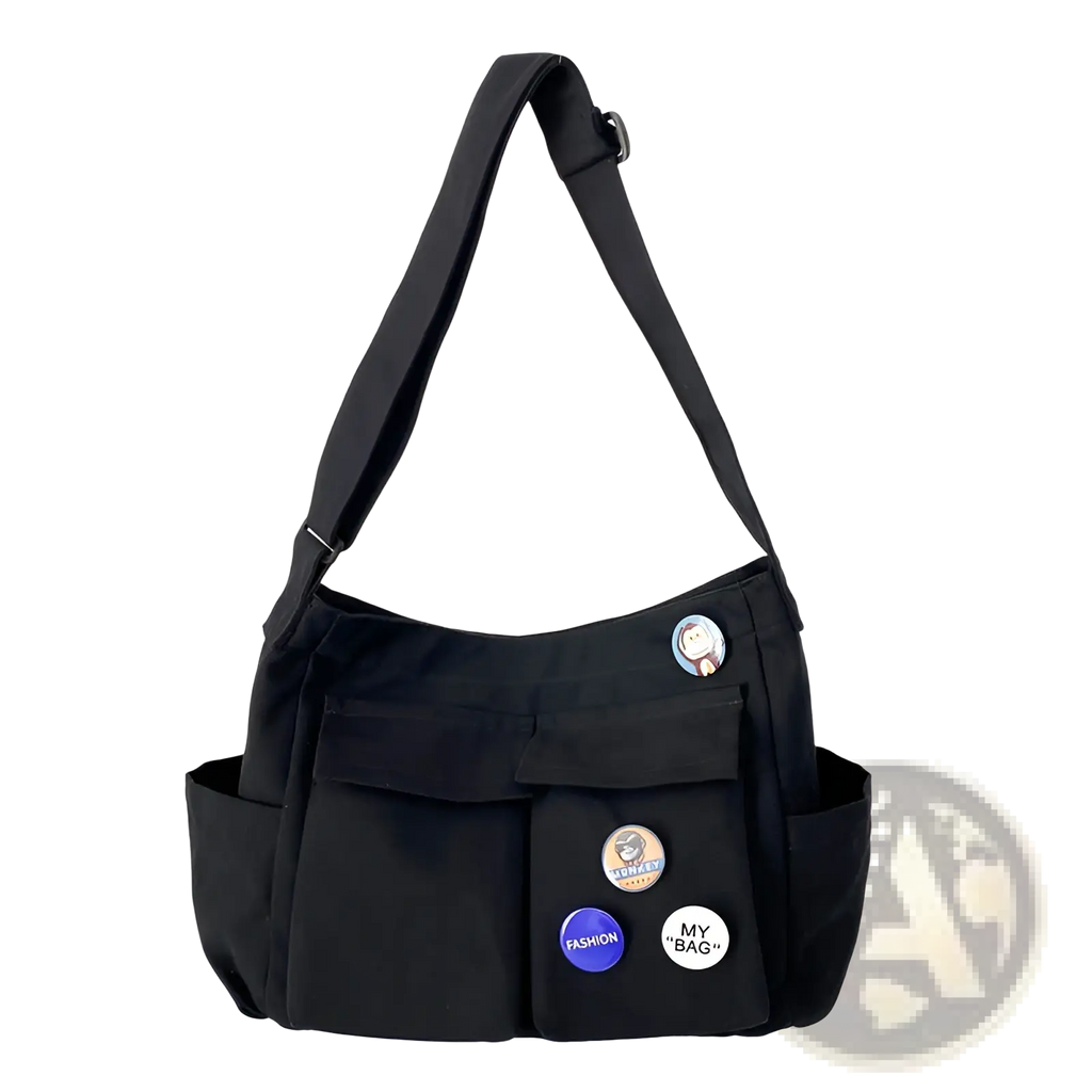 Black canvas shoulder bag large multi pocket retro tote with decorative buttons and multiple compartments