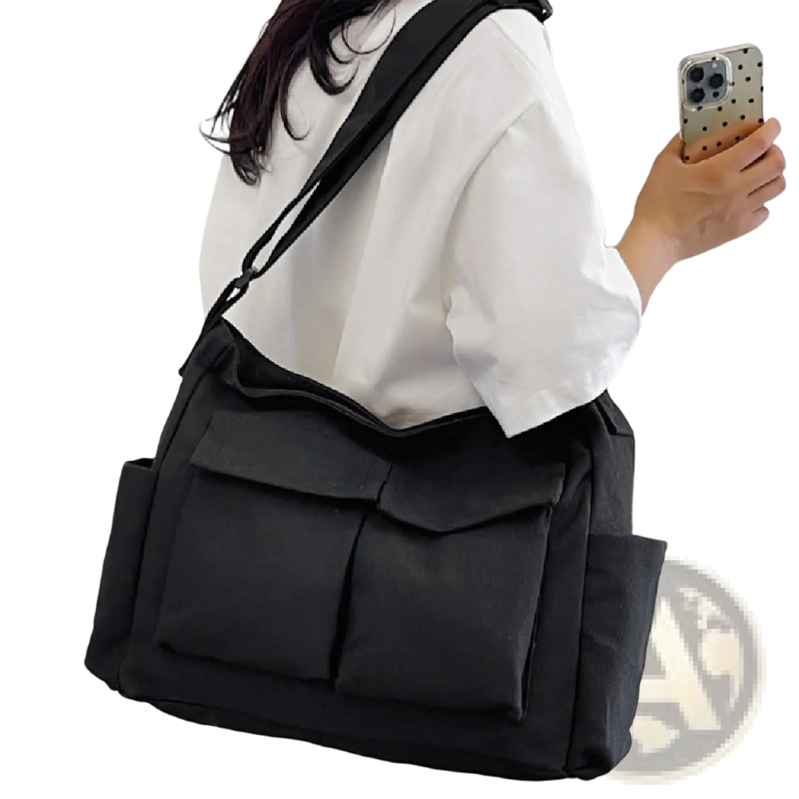 Black canvas shoulder bag with multiple front pockets and adjustable strap for versatile everyday use