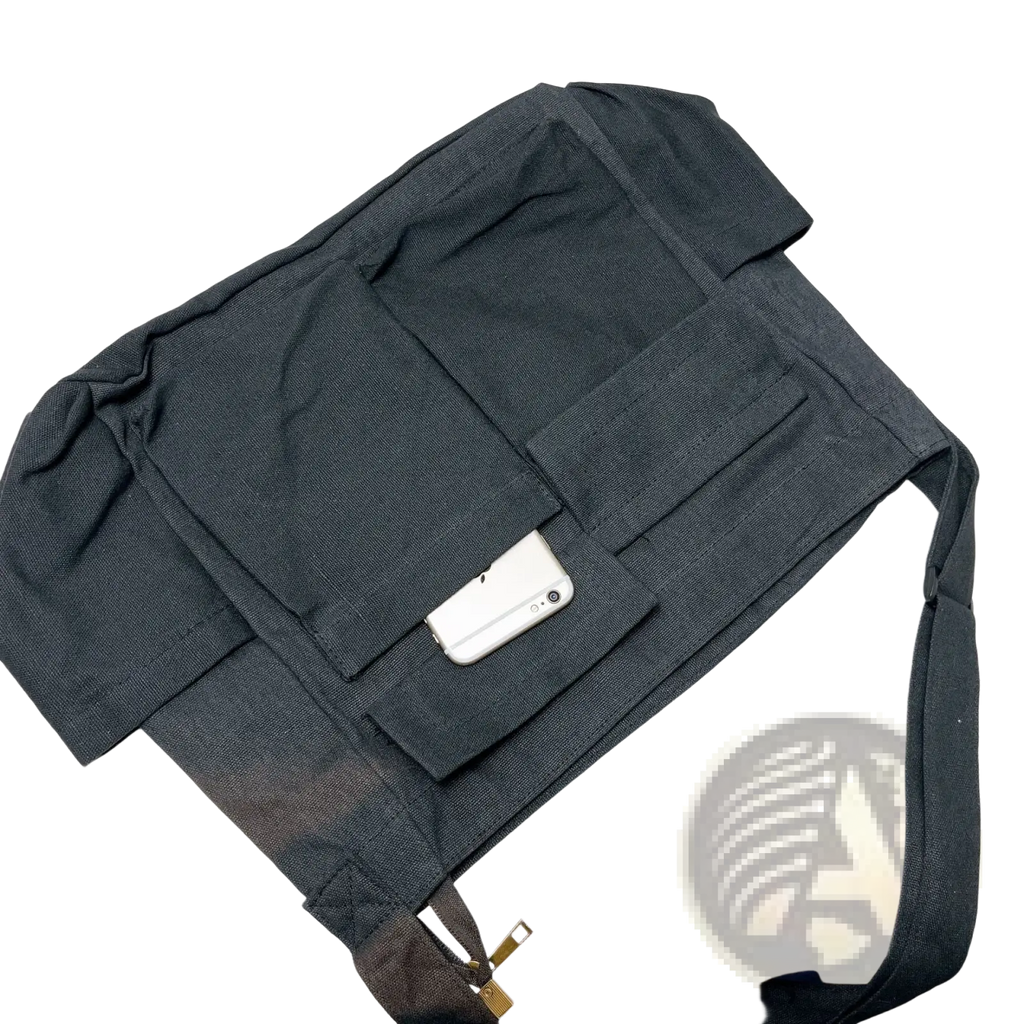 Dark gray canvas shoulder bag large multi pocket with gold zipper pull and retro tote design for versatile use
