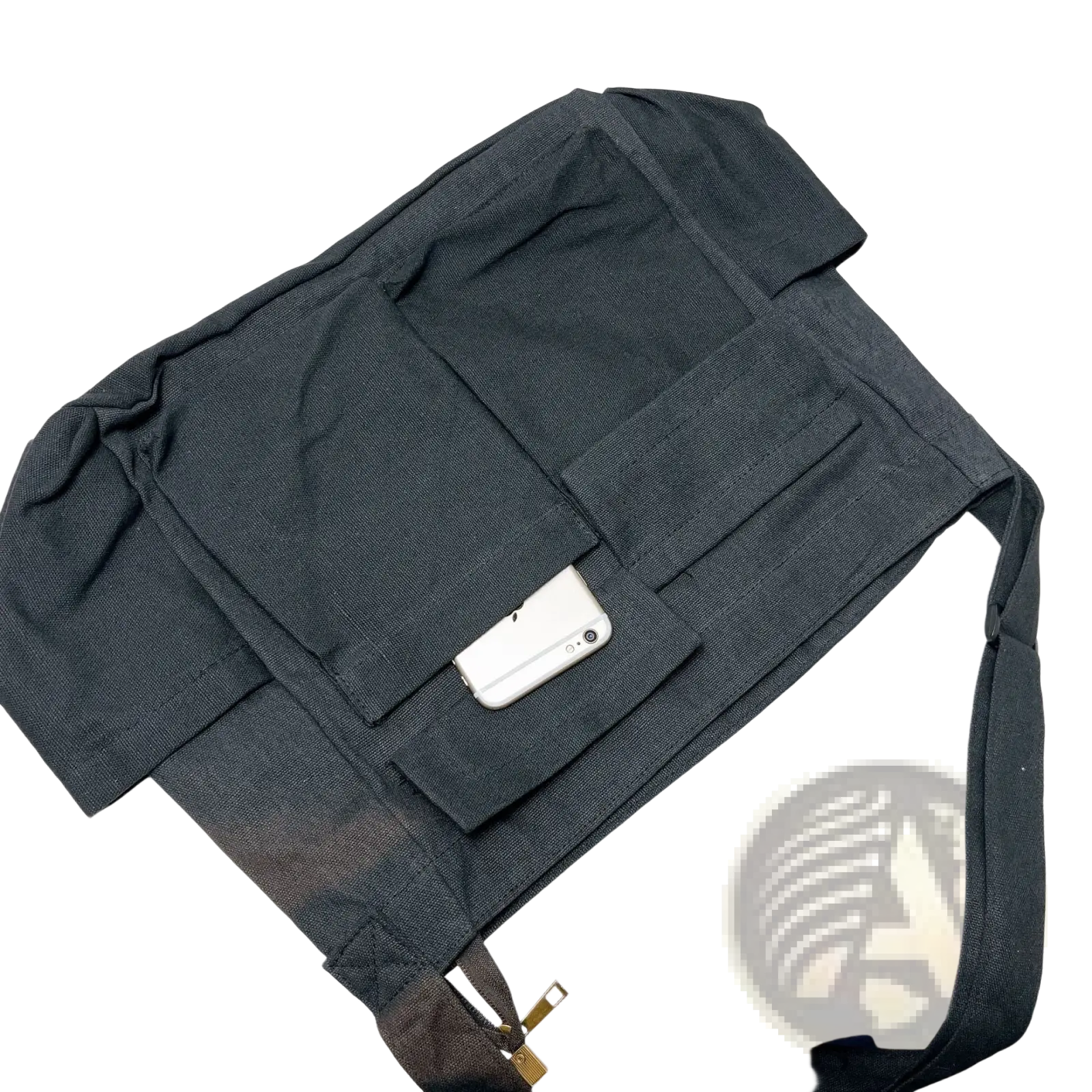Dark gray canvas shoulder bag large multi pocket with gold zipper pull and retro tote design for versatile use