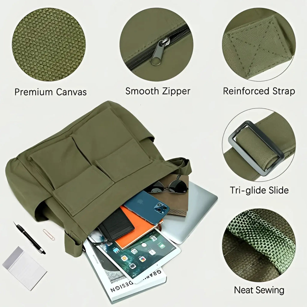 Olive green canvas shoulder bag with reinforced strap and tri-glide slide buckle large multi pocket retro tote