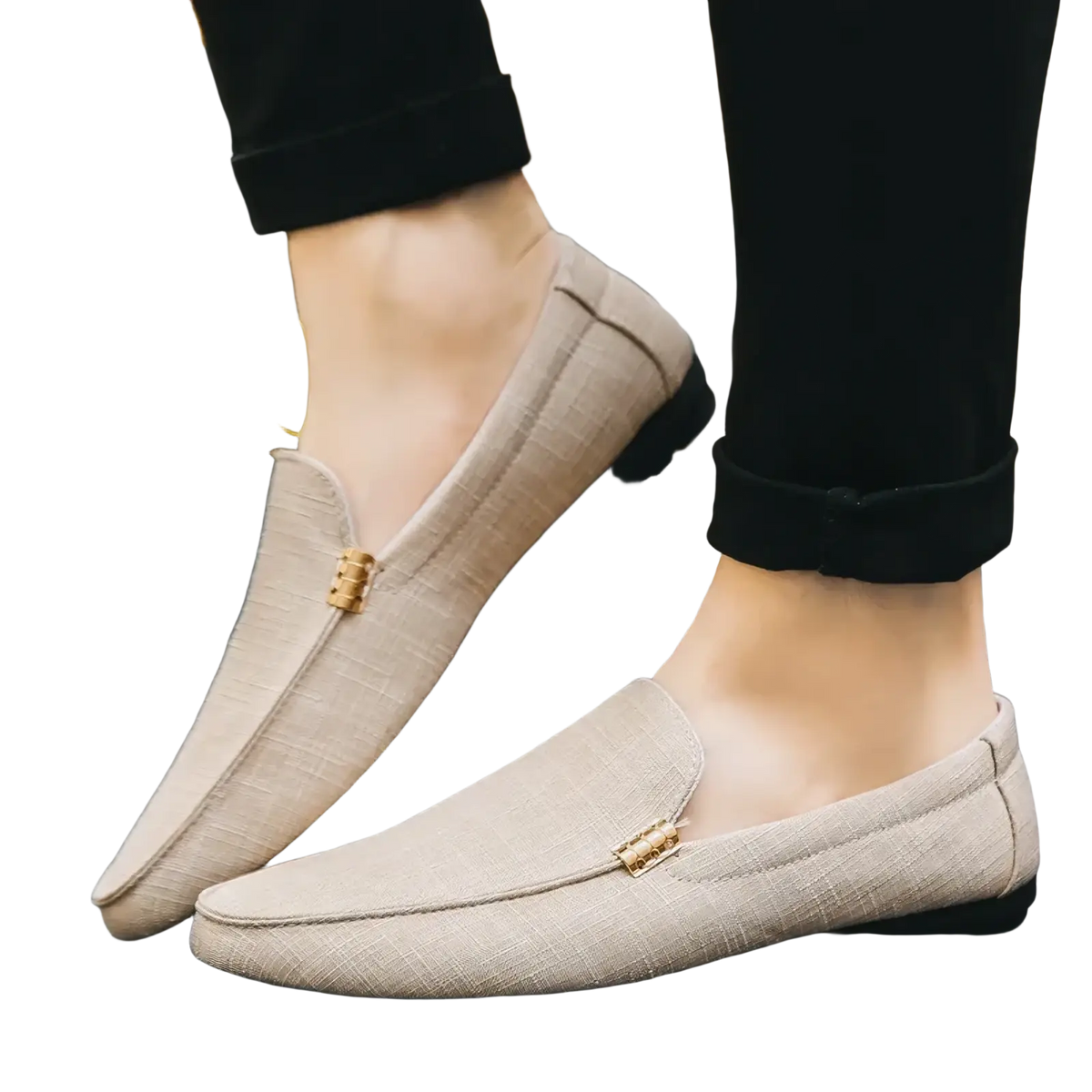 Beige textured fabric canvas slip-on loafers for men with gold-tone metal accents luxury dress shoes
