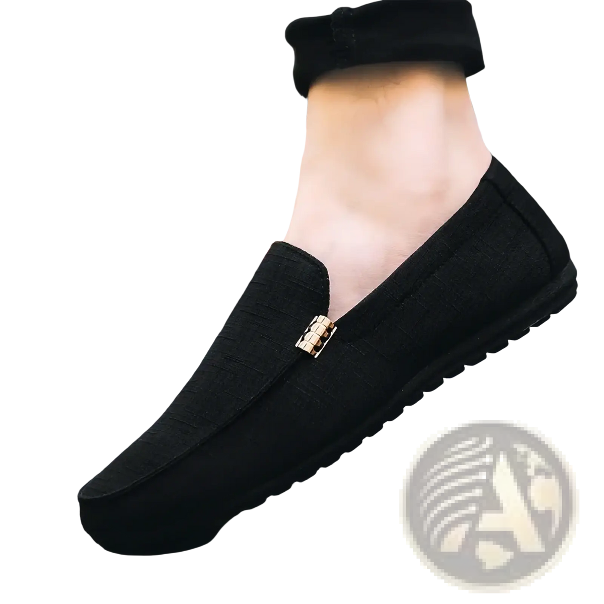 Black canvas slip-on loafers for men with gold-toned rectangular buckle accent luxury dress shoes