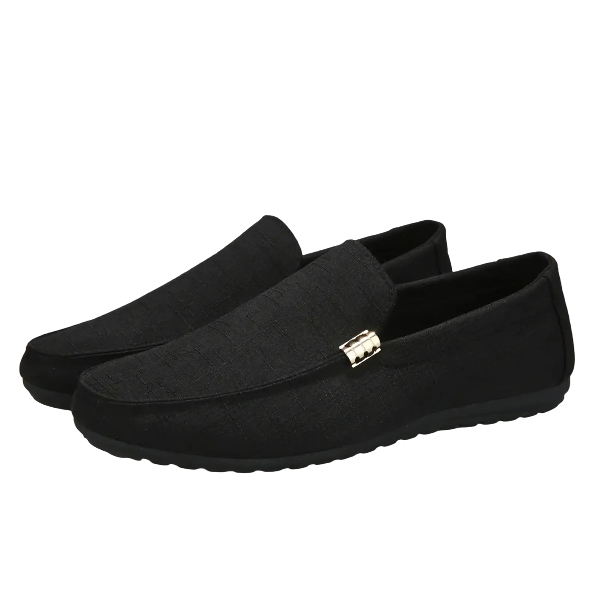 Black canvas slip-on loafers for men with subtle textured pattern and small metallic buckle luxury dress shoes