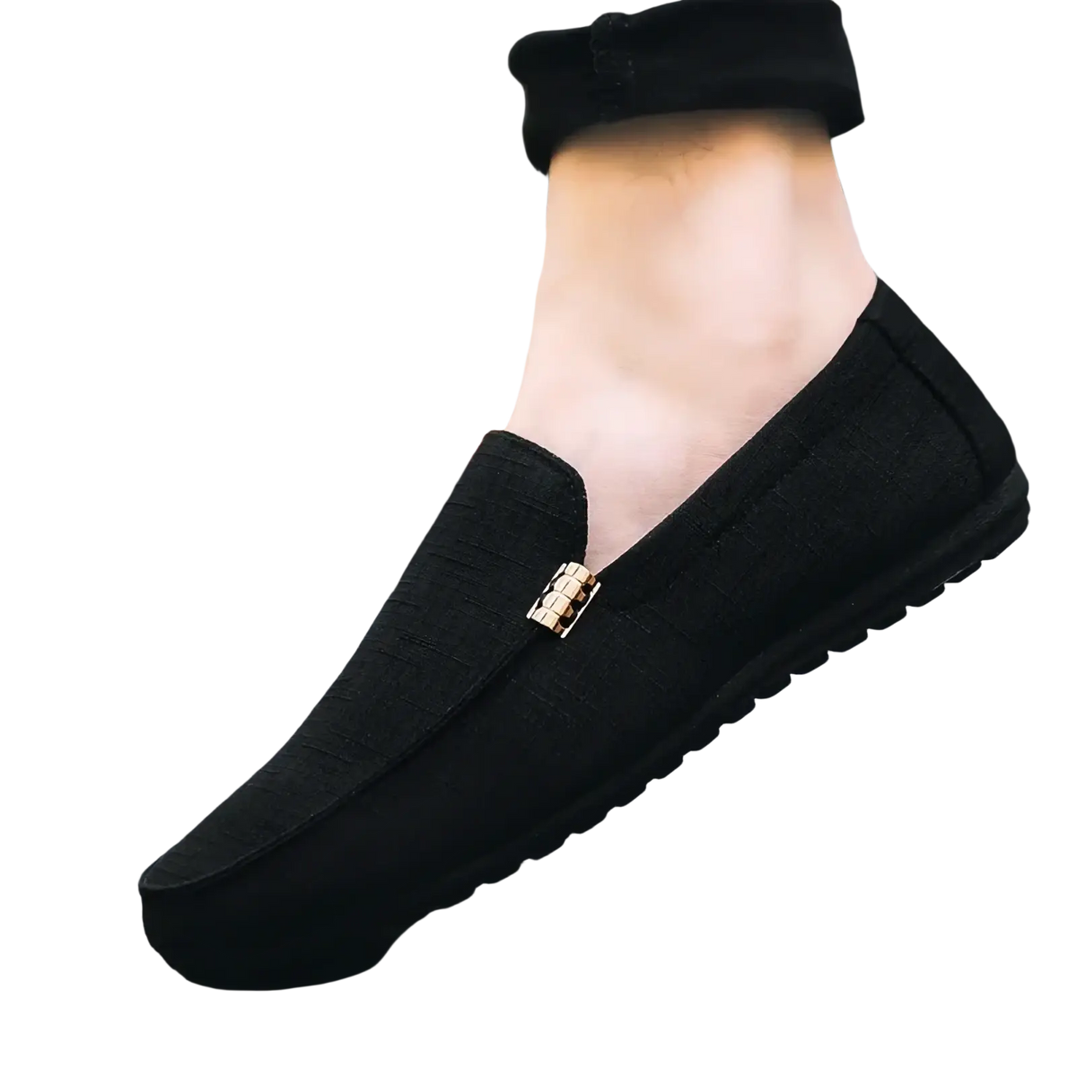 Black canvas slip-on loafers for men with gold-toned rectangular buckle accent luxury dress shoes