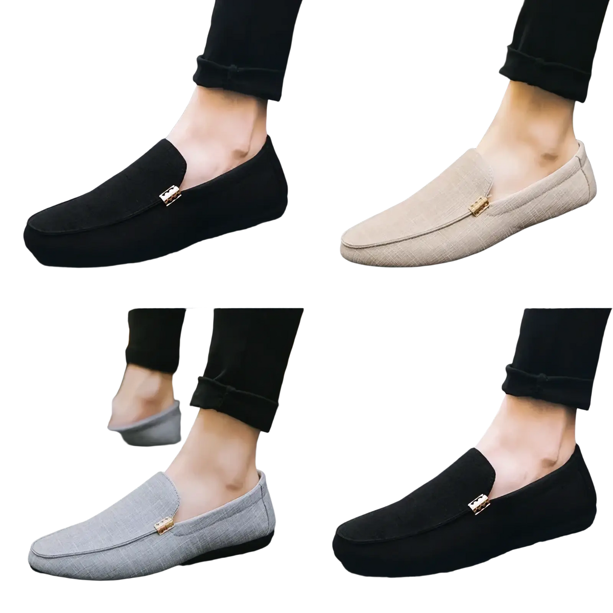 Canvas slip-on loafers men luxury dress shoes in black beige and gray suede with gold-tone metal side accents