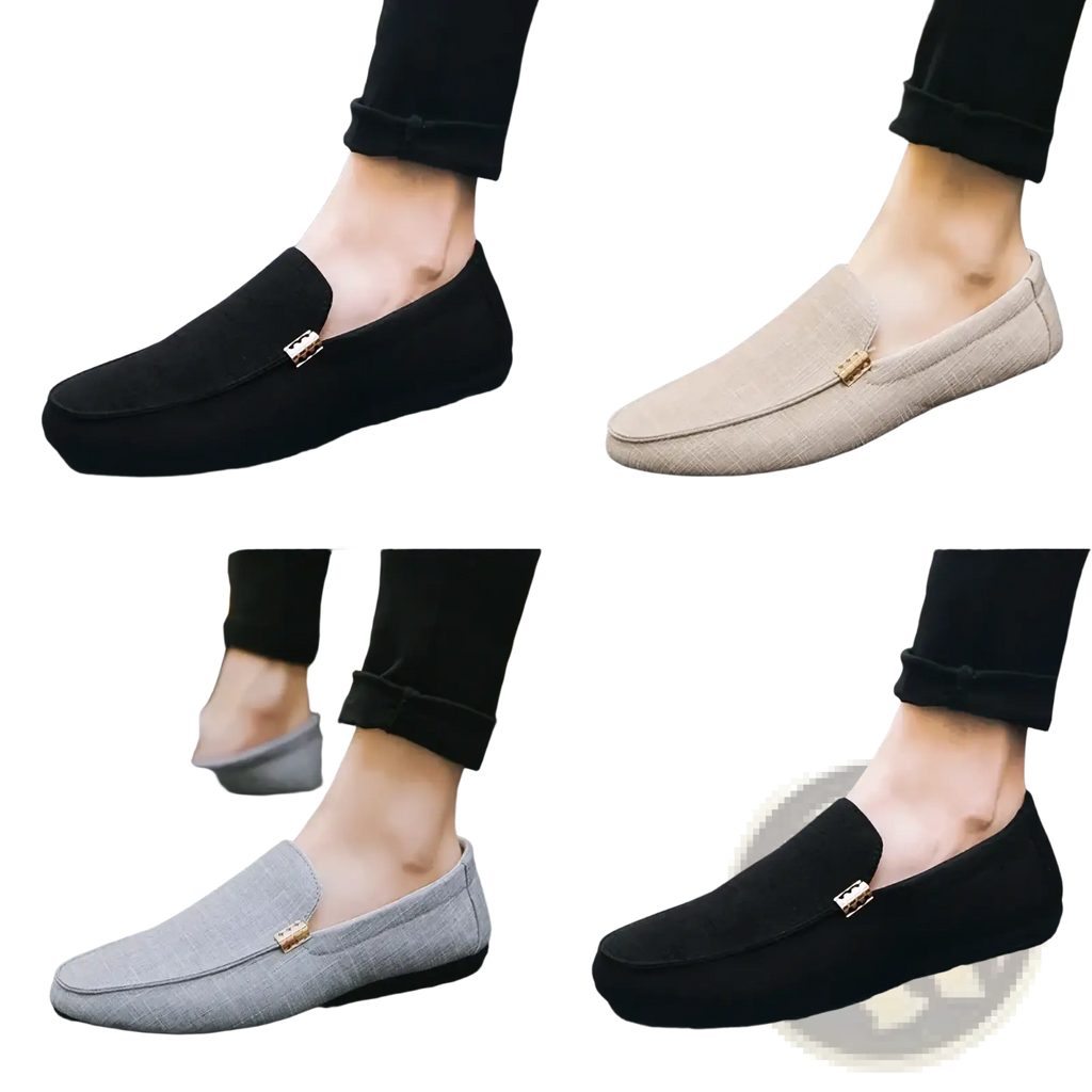 Canvas slip-on loafers men luxury dress shoes in black beige and gray suede with gold-tone metal side accents