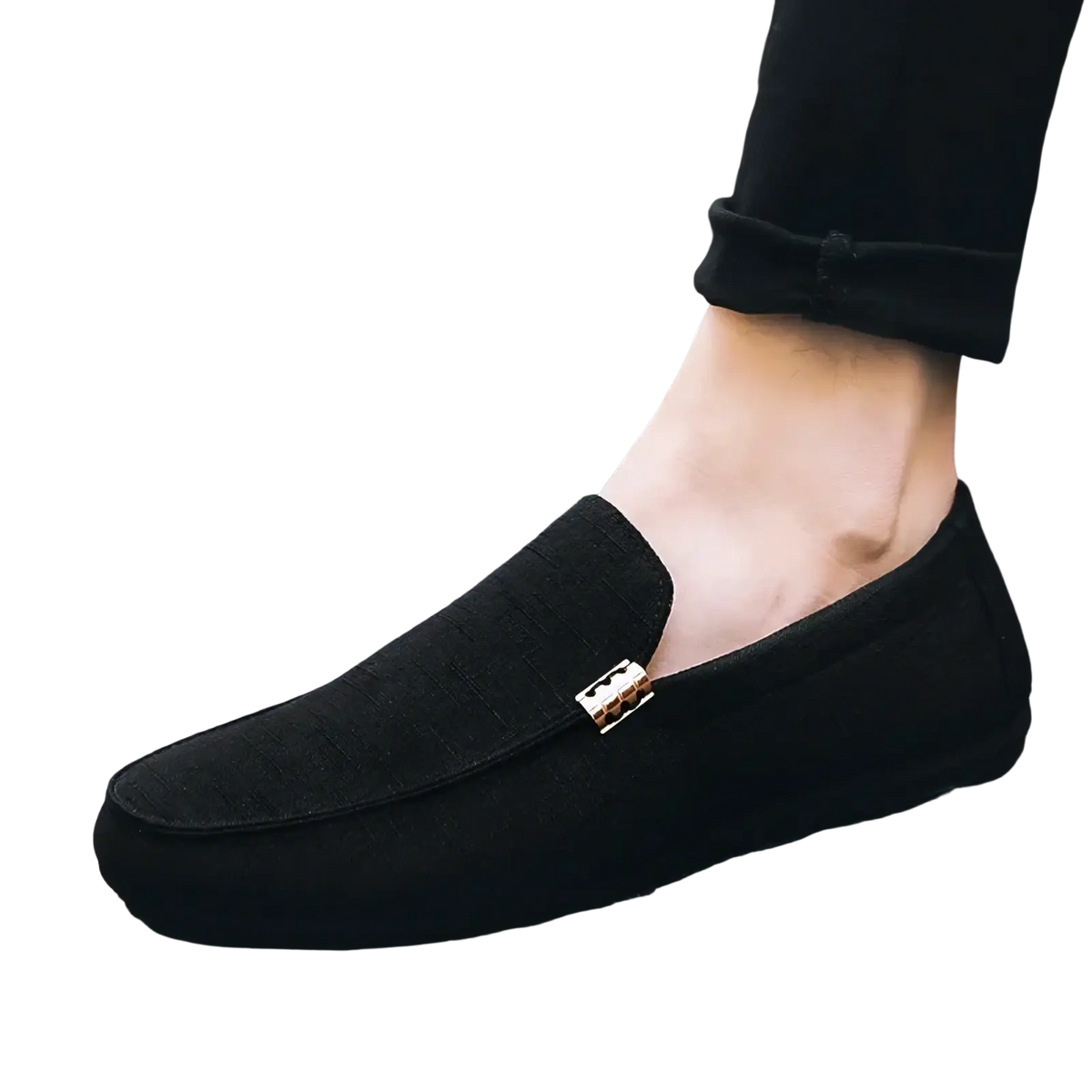 Black suede canvas slip-on loafers for men with gold tone rectangular buckle luxury dress shoes