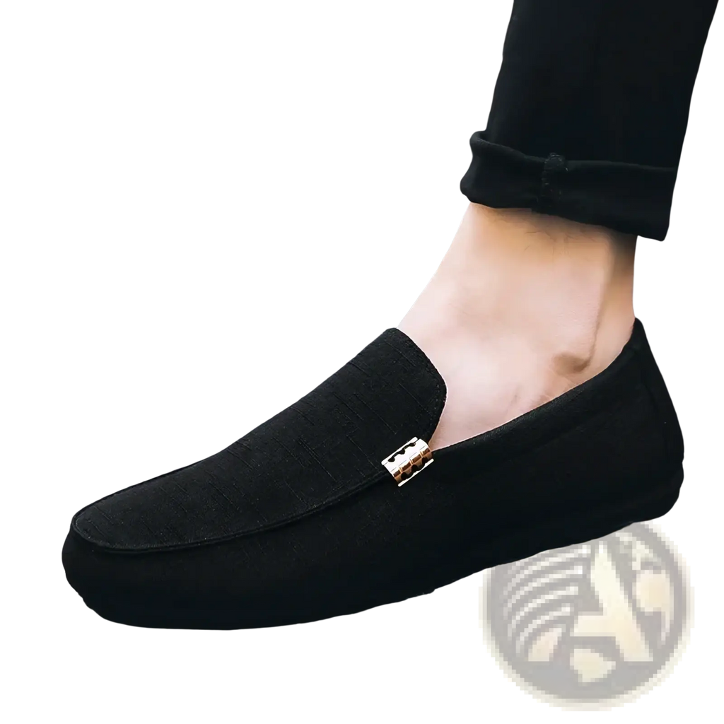 Black suede canvas slip-on loafers for men with gold tone rectangular buckle luxury dress shoes